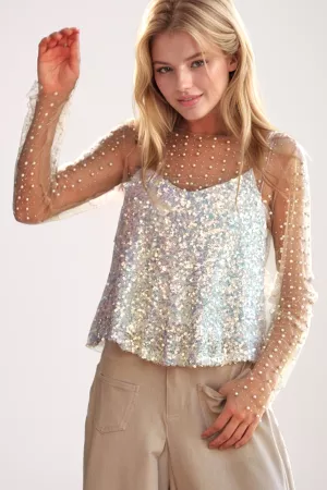 wholesale clothing sequin detail sheer mesh mock neck strap top davi & dani