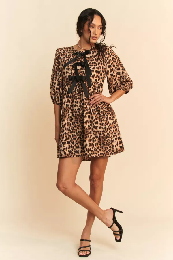 wholesale clothing front ribbon tie up leopard printed mini dress davi & dani