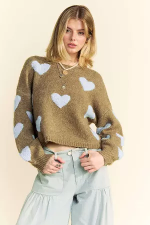 wholesale clothing heart pattern long sleeve loose fit knit sweater davi & dani