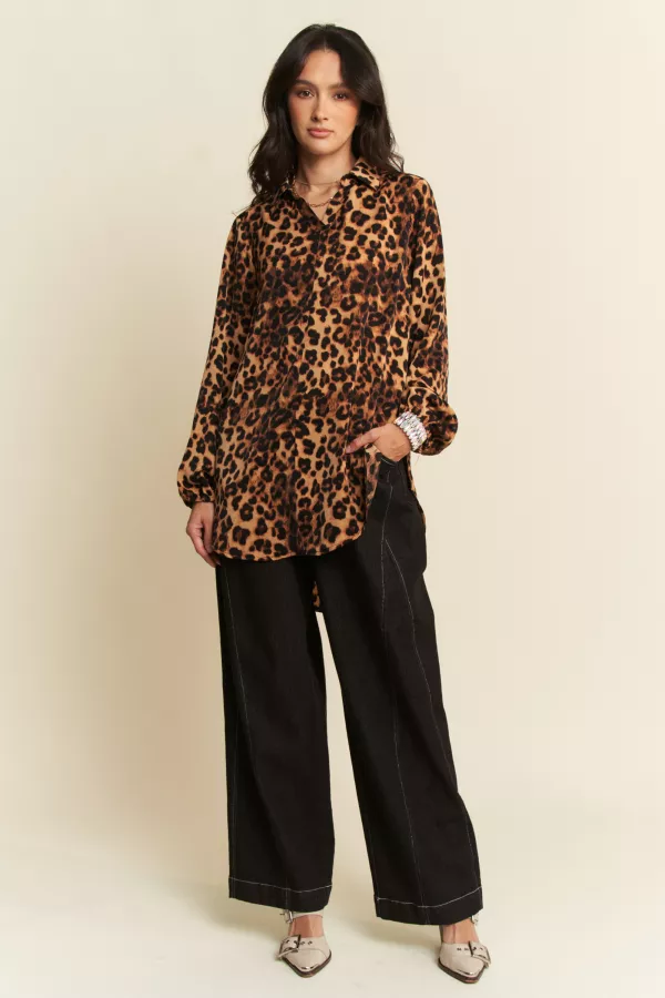 wholesale clothing notch collar long sleeves  leopard printed blouse davi & dani