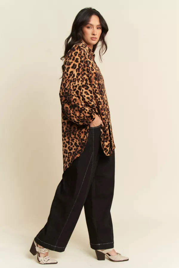 wholesale clothing notch collar long sleeves  leopard printed blouse davi & dani