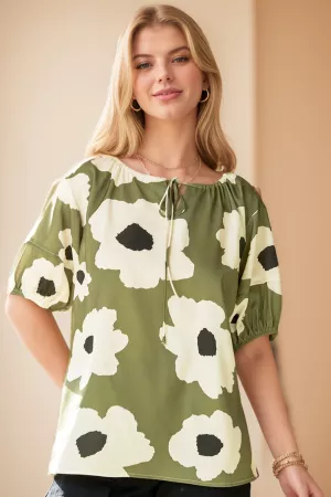 wholesale clothing floral tie front puff short sleeve blouse top davi & dani