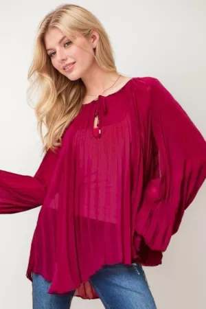 wholesale clothing long balloon sleeve pleated round neck blouse davi & dani