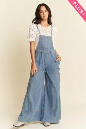 wholesale clothing plus washed denim wide leg overall jumpsuit davi & dani