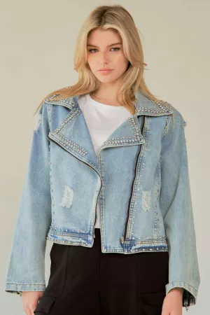 wholesale clothing rhinestone long sleeve zip up denim jacket davi & dani