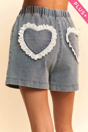 wholesale clothing plua denim washed heart applique patch short davi & dani