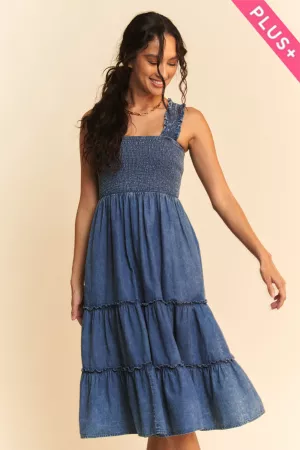 wholesale clothing plus washed denim smocking straps midi dress davi & dani