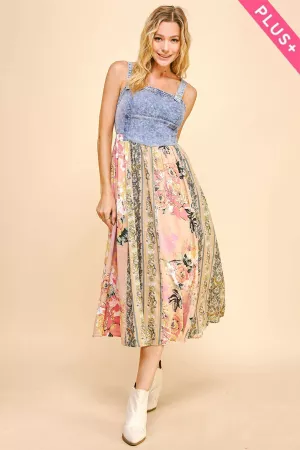 wholesale clothing plus floral stripe skirt denim bodice midi dress davi & dani