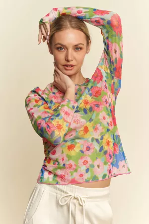 wholesale clothing flower printed mesh round neck long sleeve top davi & dani