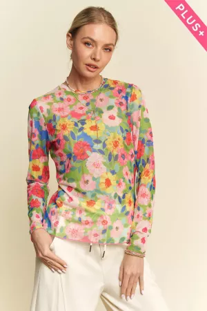 wholesale clothing plus flower print mesh round neck long sleeve top davi & dani