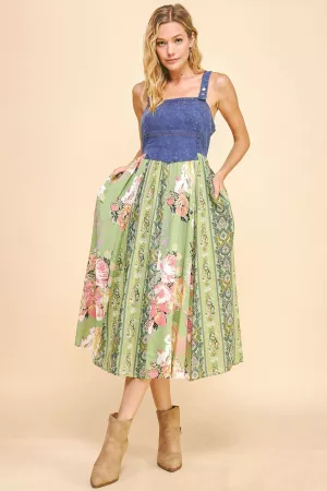 wholesale clothing floral stripe mixed skirt denim bodice midi dress davi & dani