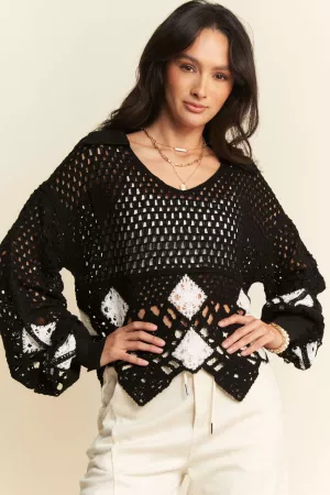 wholesale clothing crochet v neck long sleeve knit sweater top davi & dani