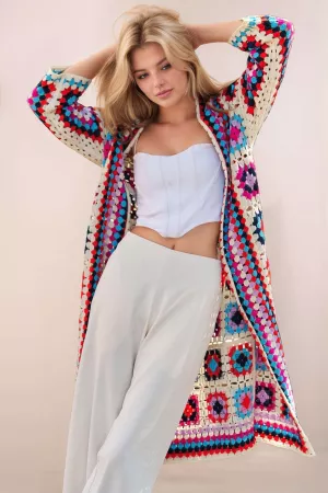 wholesale clothing granny square open midi crochet knit cardigan davi & dani