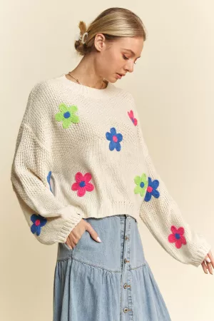 wholesale clothing chunky knit multi crocheted floral sweater top davi & dani