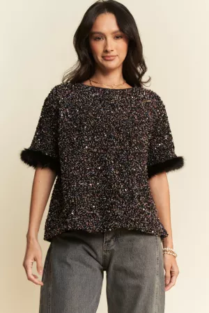 wholesale clothing round neck short sleeves glitter sequins mesh top davi & dani