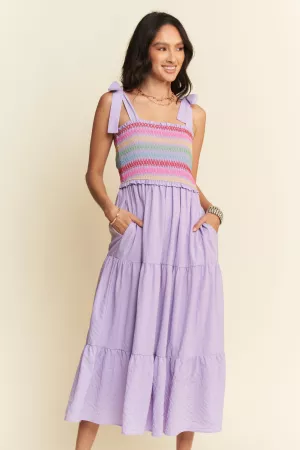 wholesale clothing multi color smocked bodice tiered hem maxi dress davi & dani