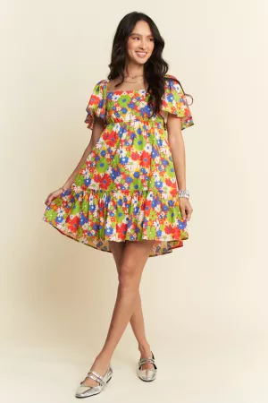 wholesale clothing retro floral bow tie look smocked back mini dress davi & dani