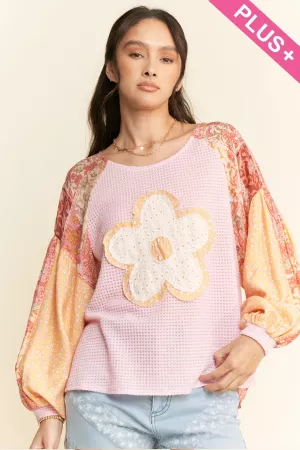 wholesale clothing plus floral patchwork sleeve knit pullover top davi & dani