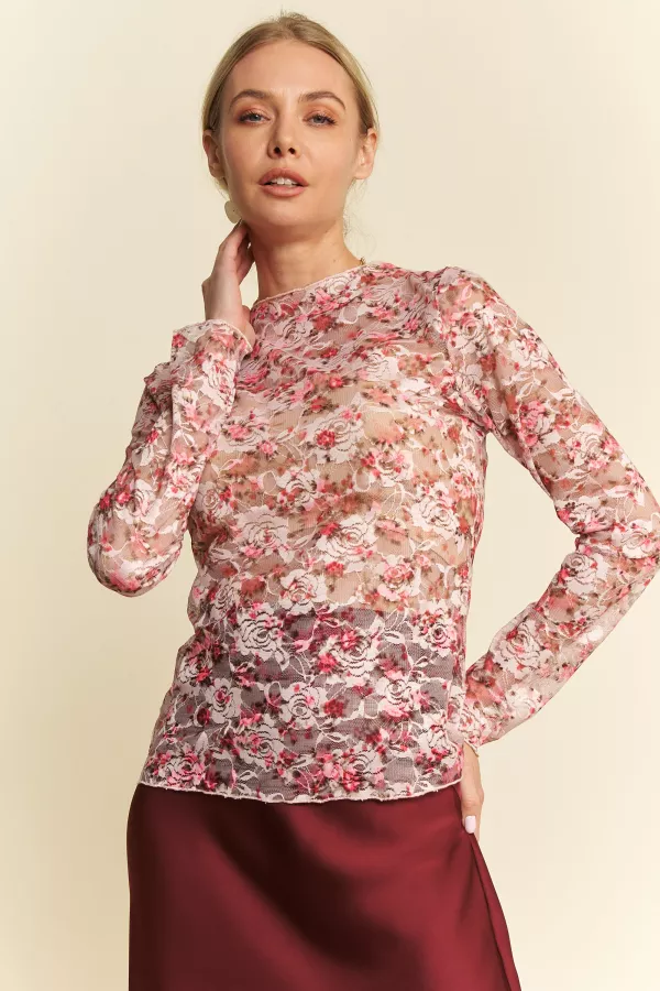 wholesale clothing floral print mesh long sleeve layering top davi & dani