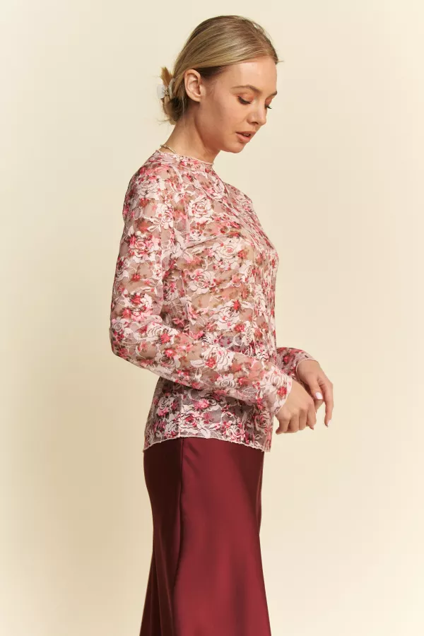 wholesale clothing floral print mesh long sleeve layering top davi & dani