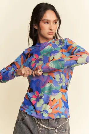 wholesale clothing flower printed mesh round neck long sleeve top davi & dani