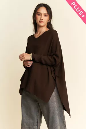 wholesale clothing plus solid long sleeve side slit round neck top davi & dani