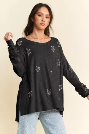 wholesale clothing star beaded round neck loose fit long sleeve top davi & dani