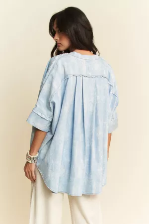 wholesale clothing washed denim stand collar fringe hem loose shirt davi & dani