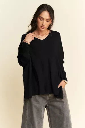 wholesale clothing solid long sleeve side slit round neck top davi & dani