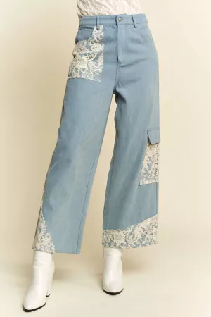 wholesale clothing wide leg denim pants with lace applique details davi & dani