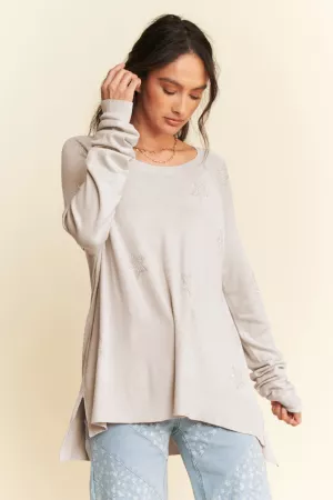 wholesale clothing star beaded round neck loose fit long sleeve top davi & dani