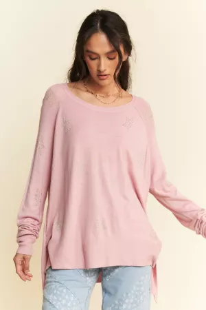 wholesale clothing star beaded round neck loose fit long sleeve top davi & dani