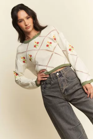 wholesale clothing flower embroidery border textured sweater top davi & dani