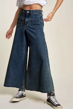 wholesale clothing patch pocket wide leg culotte denim pants jeans davi & dani