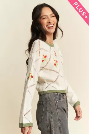 wholesale clothing plus flower embroidery border textured sweater top davi & dani