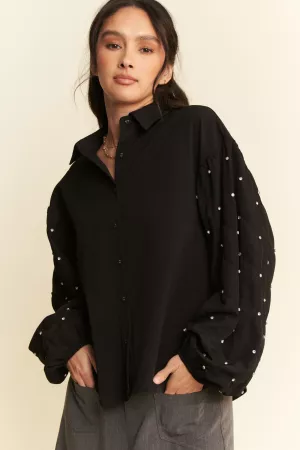 wholesale clothing stone embellished sleeve button front shirt top davi & dani