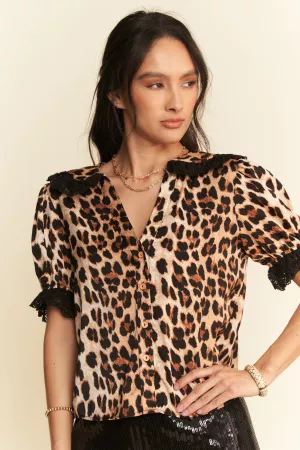 wholesale clothing leopard lace trim collar  short sleeve blouse davi & dani