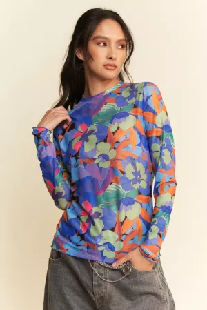 wholesale clothing plus flower print mesh round neck long sleeve top davi & dani