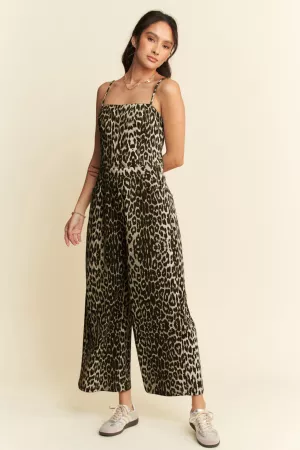 wholesale clothing leopard spaghetti straps wide pants jumpsuit davi & dani