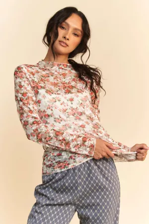 wholesale clothing floral print mesh long sleeve layering top davi & dani