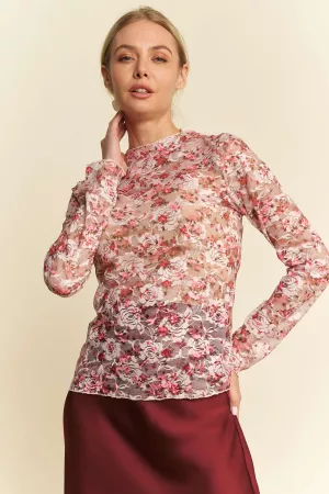 wholesale clothing floral print mesh long sleeve layering top davi & dani