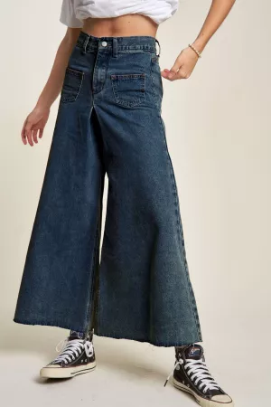 wholesale clothing patch pocket wide leg culotte denim pants jeans davi & dani