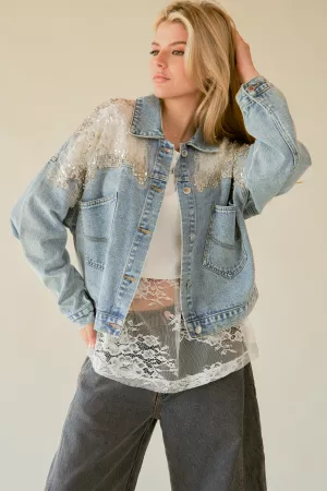 wholesale clothing mesh stitching button down denim jacket davi & dani