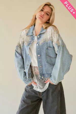 wholesale clothing plus mesh stitching button down denim jacket davi & dani