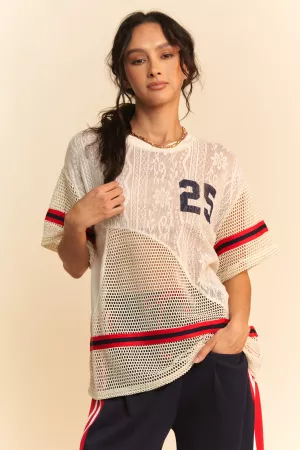 wholesale clothing lace and mesh paneling sports tape detail tee davi & dani