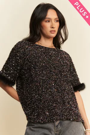 wholesale clothing plus round neck short sleeves glitter sequins top davi & dani