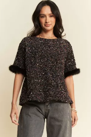 wholesale clothing round neck short sleeves glitter sequins mesh top davi & dani