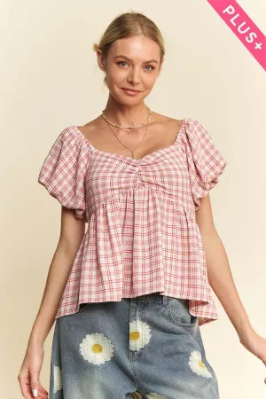 wholesale clothing plus plaid puff sleeves ruffled smocked blouse davi & dani