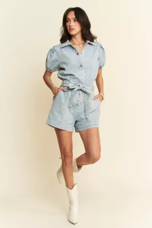 wholesale clothing light denim romper featuring short puff sleeves davi & dani