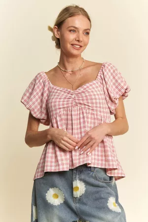 wholesale clothing plaid puff sleeves ruffled smocked top blouse davi & dani